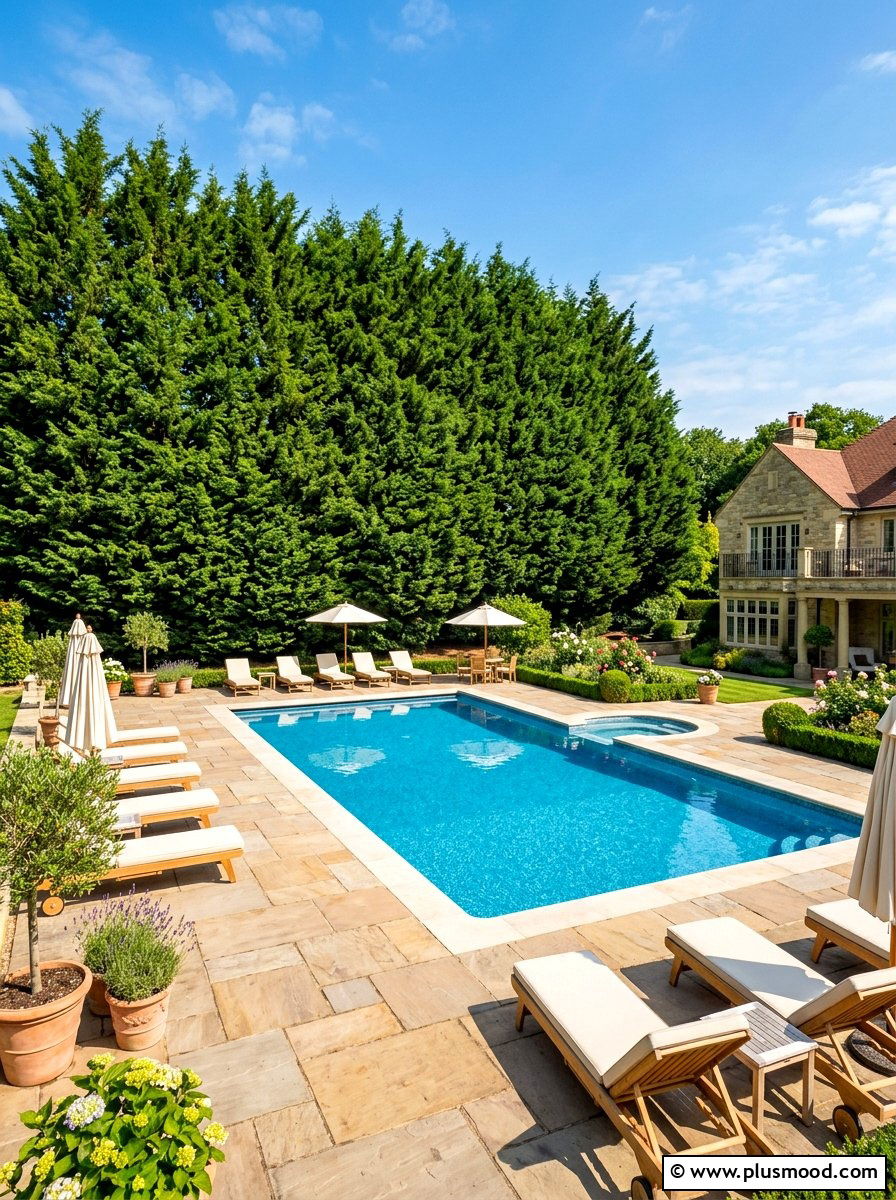Dense evergreen tree line - 25 summer pool privacy ideas