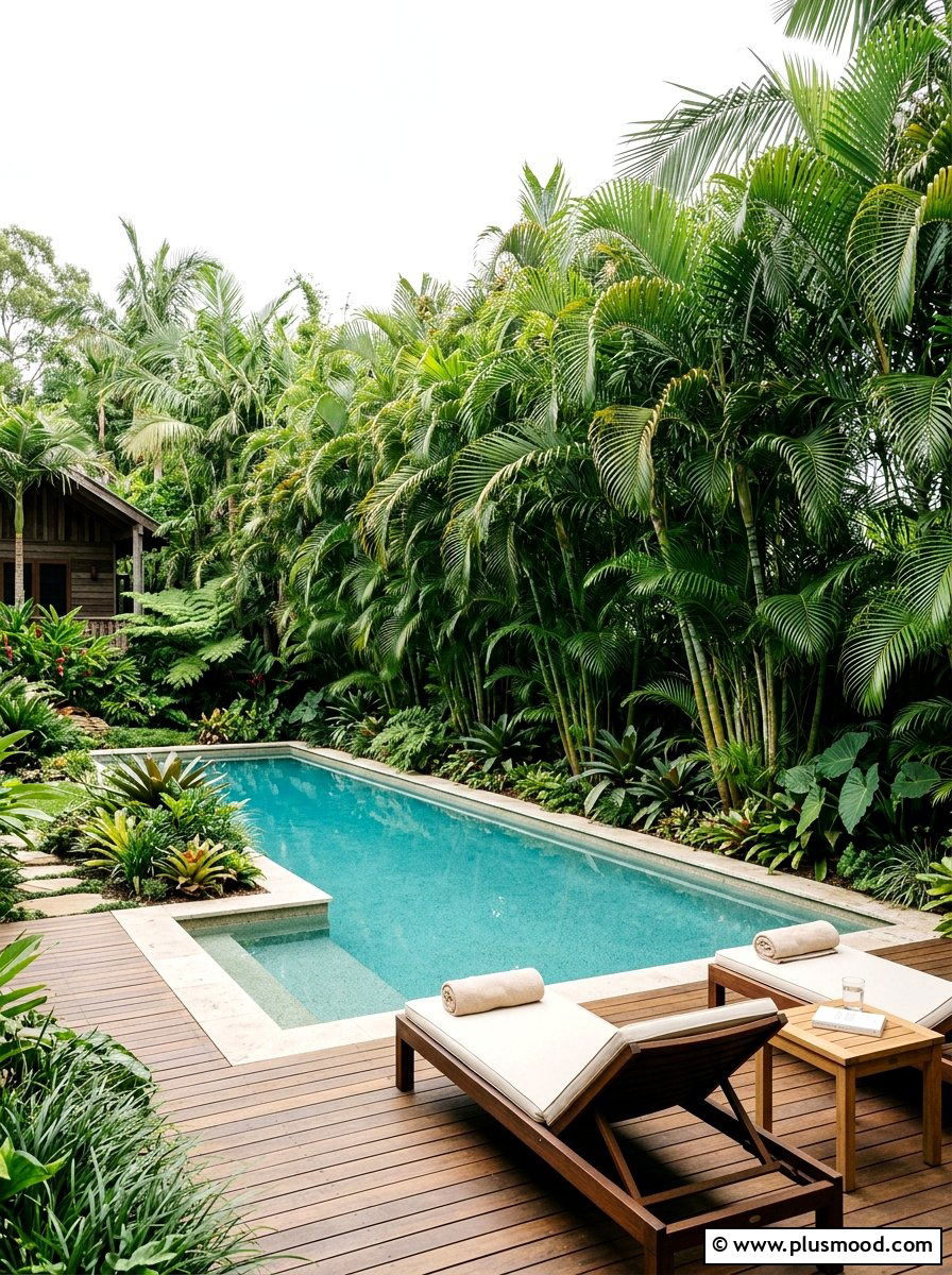 Dense privacy pool with clumping palms - 25 pool landscaping ideas with palm trees
