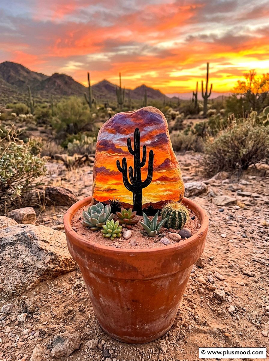 Desert Cactus Sunset - 25 painted rock ideas with landscapes