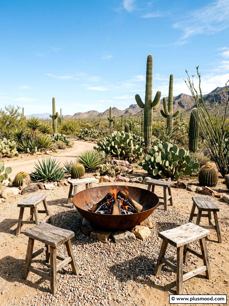 Desert Landscape Fire Bowl - 25 small backyard ideas with fire bowl
