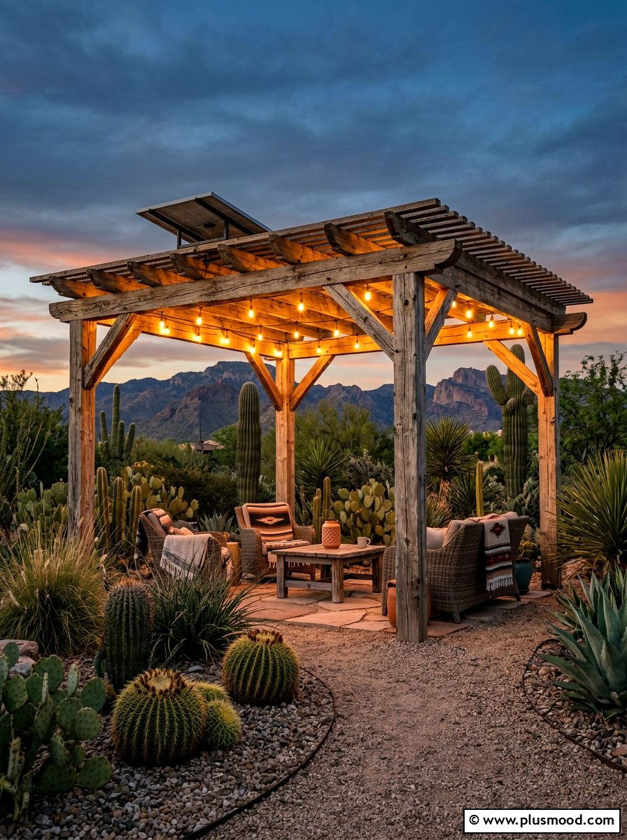 Desert Landscape Solar Pergola Lights - 25 small backyard ideas with pergola lights