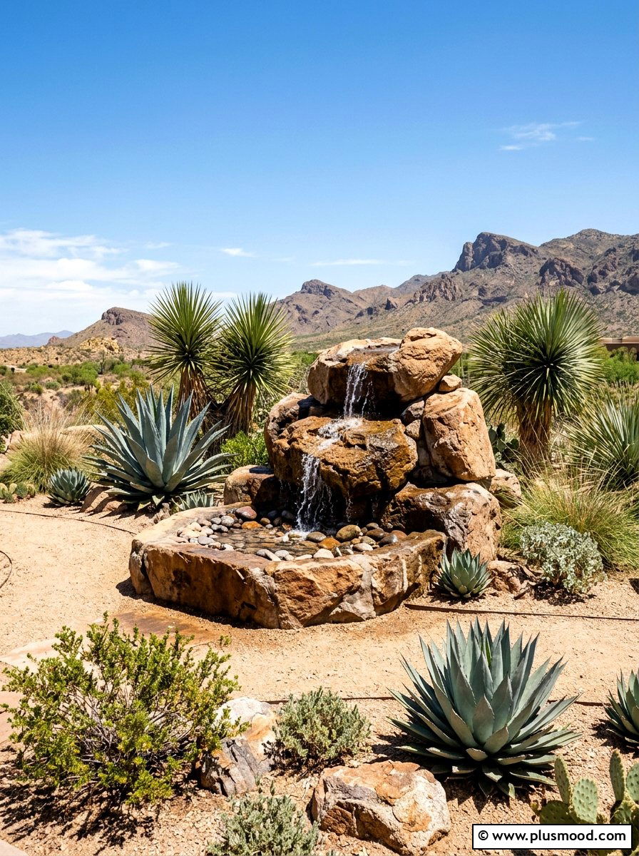 Desert Landscape With Stone Fountain - 25 small backyard ideas with fountain