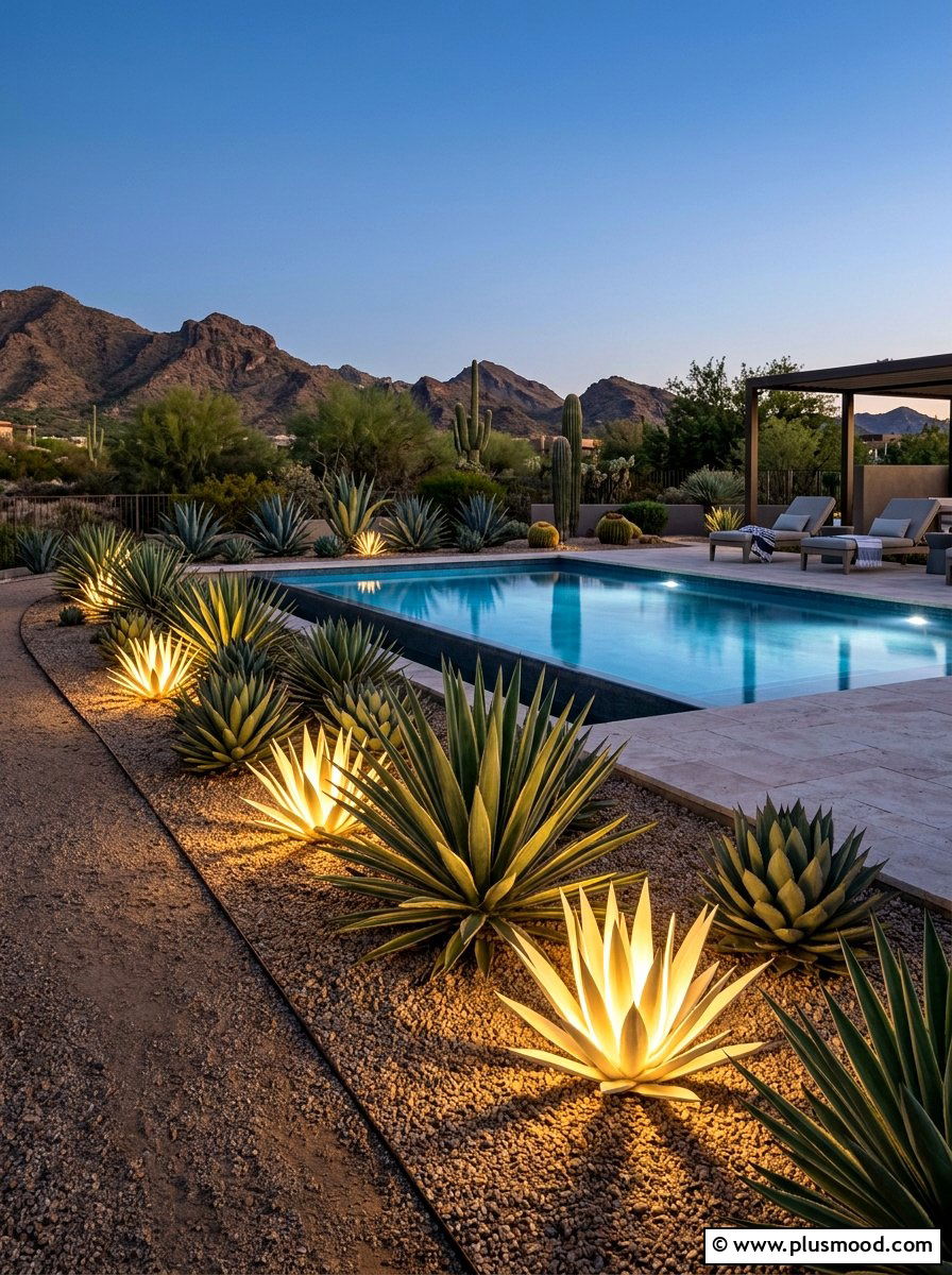 Desert Pool Landscaping With Agave Lighting - 25 pool landscaping ideas with night lighting