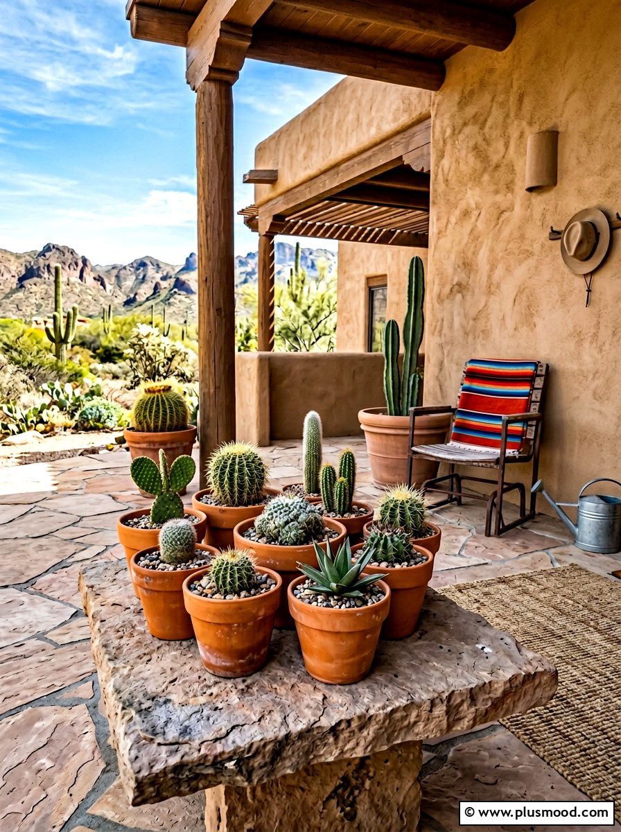 Desert cactus and terracotta pots - 25 summer porch table decor ideas