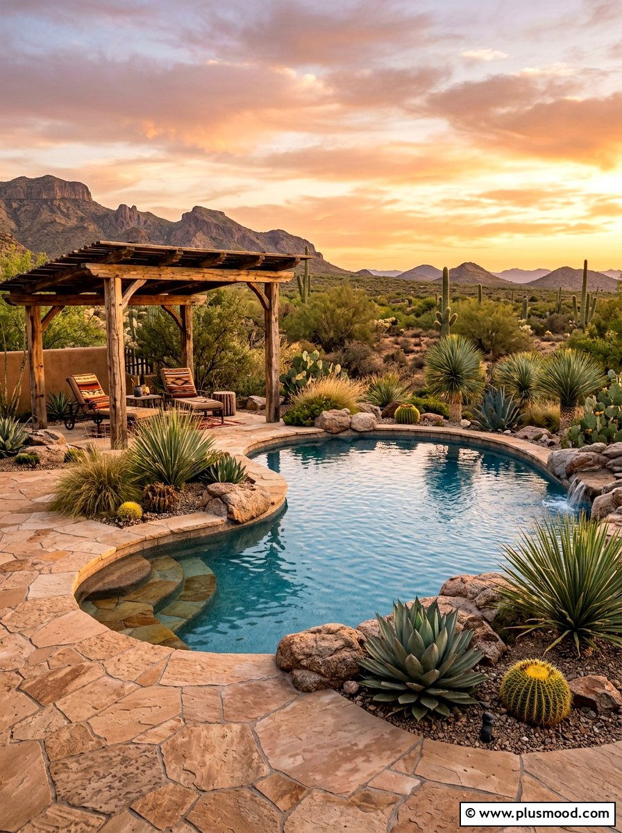 Desert landscape pool with sandstone tile - 25 pool landscaping ideas with tile accents