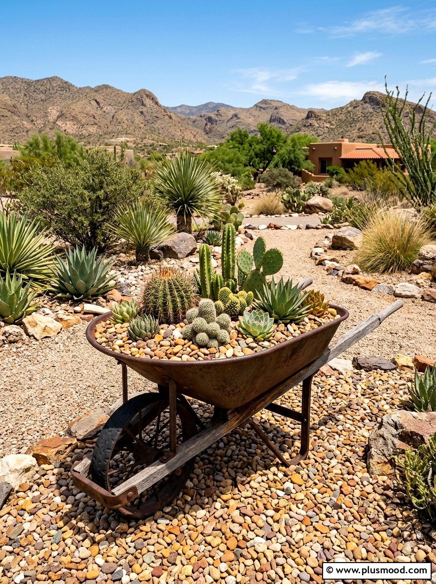 Desert landscape wheelbarrow planter - 25 outdoor garden decor ideas with wheelbarrow planter