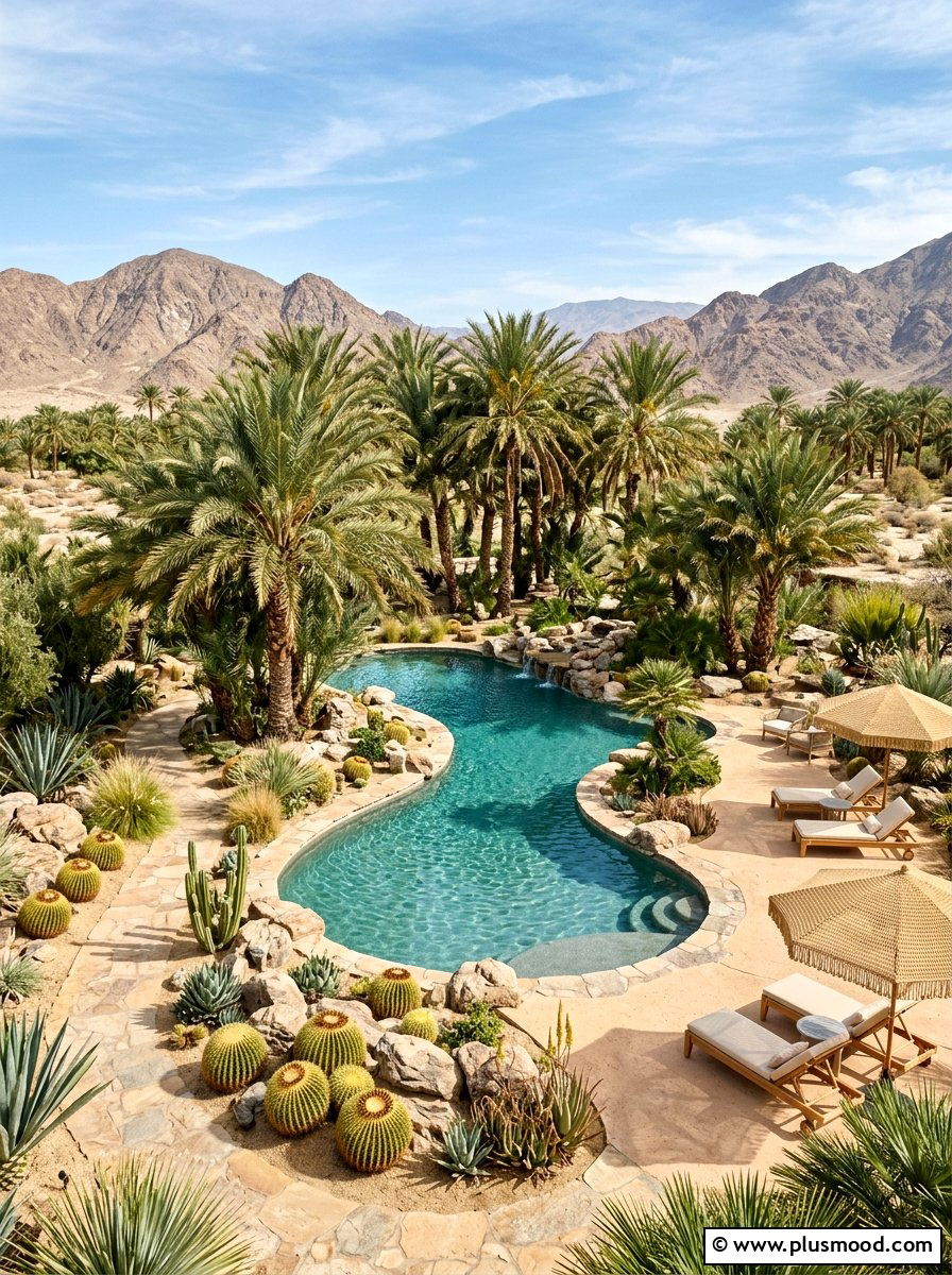 Desert oasis pool with palms - 25 pool landscaping ideas with cactus garden