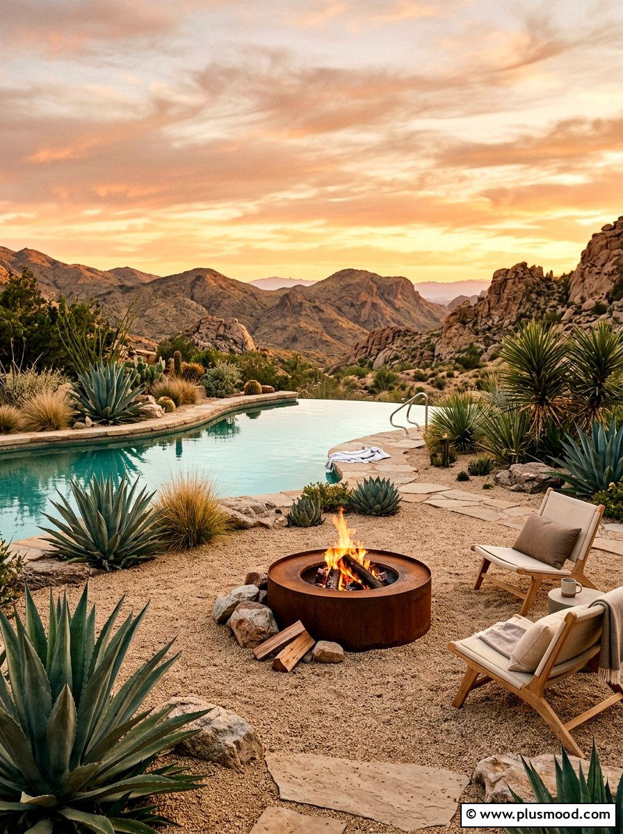 Desert pool landscape fire pit - 25 pool landscaping ideas with fire feature