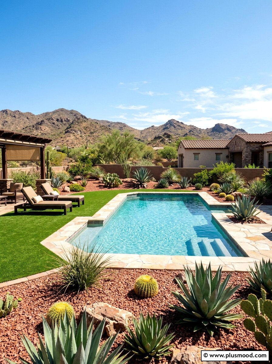 Desert pool landscape with synthetic grass - 25 pool landscaping ideas with artificial turf