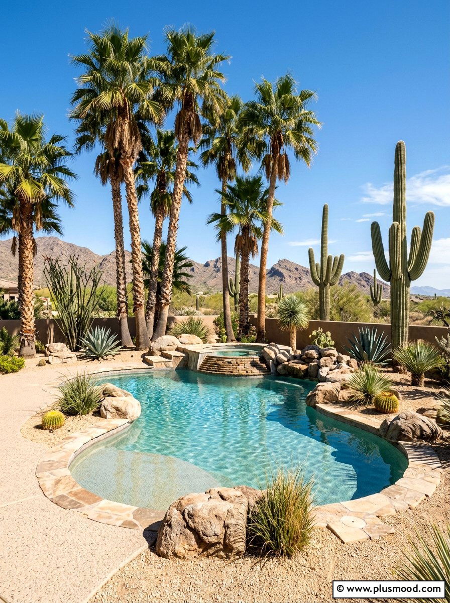 Desert pool landscaping with mexican fan palms - 25 pool landscaping ideas with palm trees