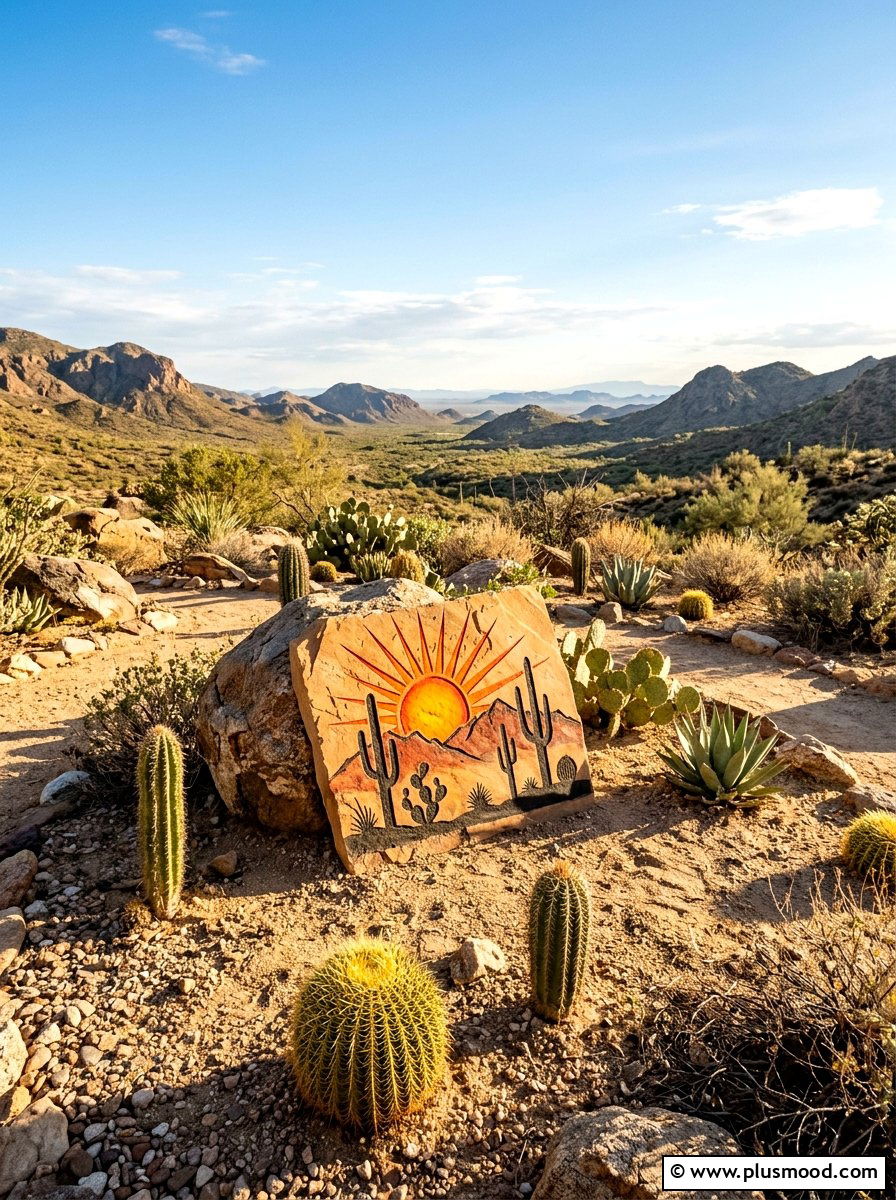 Desert sun vista - 25 painted rock ideas with sun design