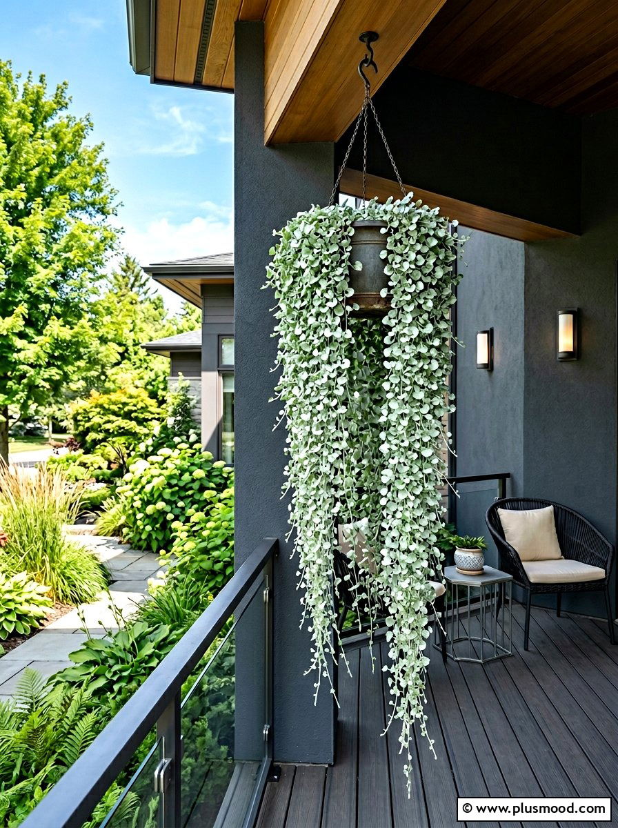 Dichondra silver falls hanging basket - 25 summer front porch decor ideas with hanging baskets