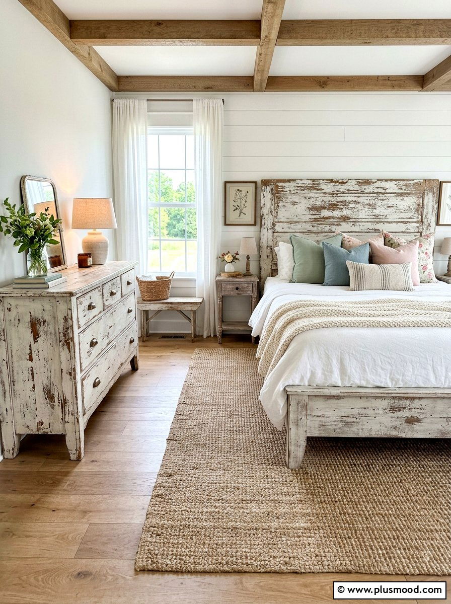 Distressed White Wood Farmhouse Bedroom - 25 summer coastal farmhouse bedroom ideas