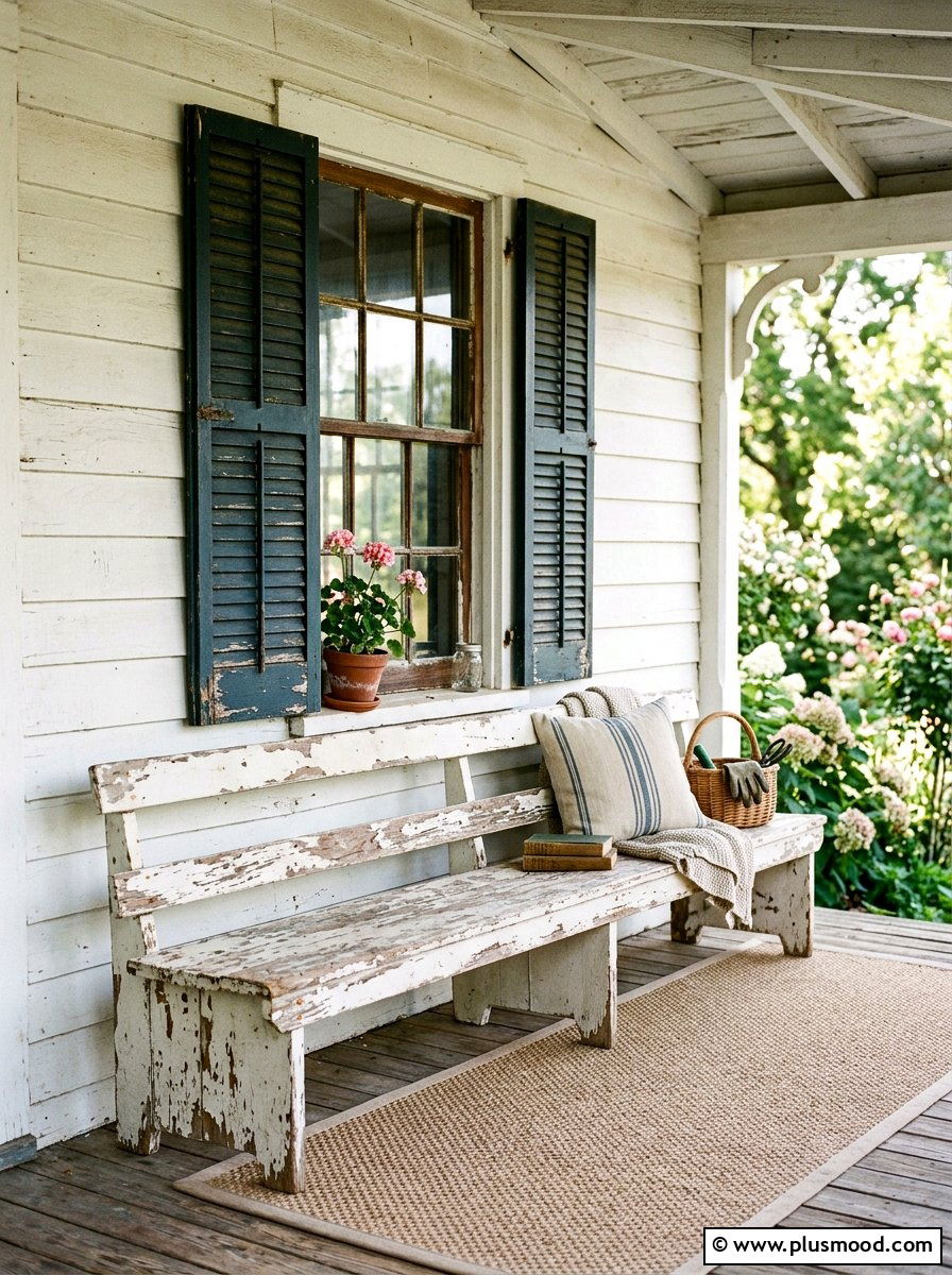 Distressed Wood Bench - 25 summer rustic front porch ideas