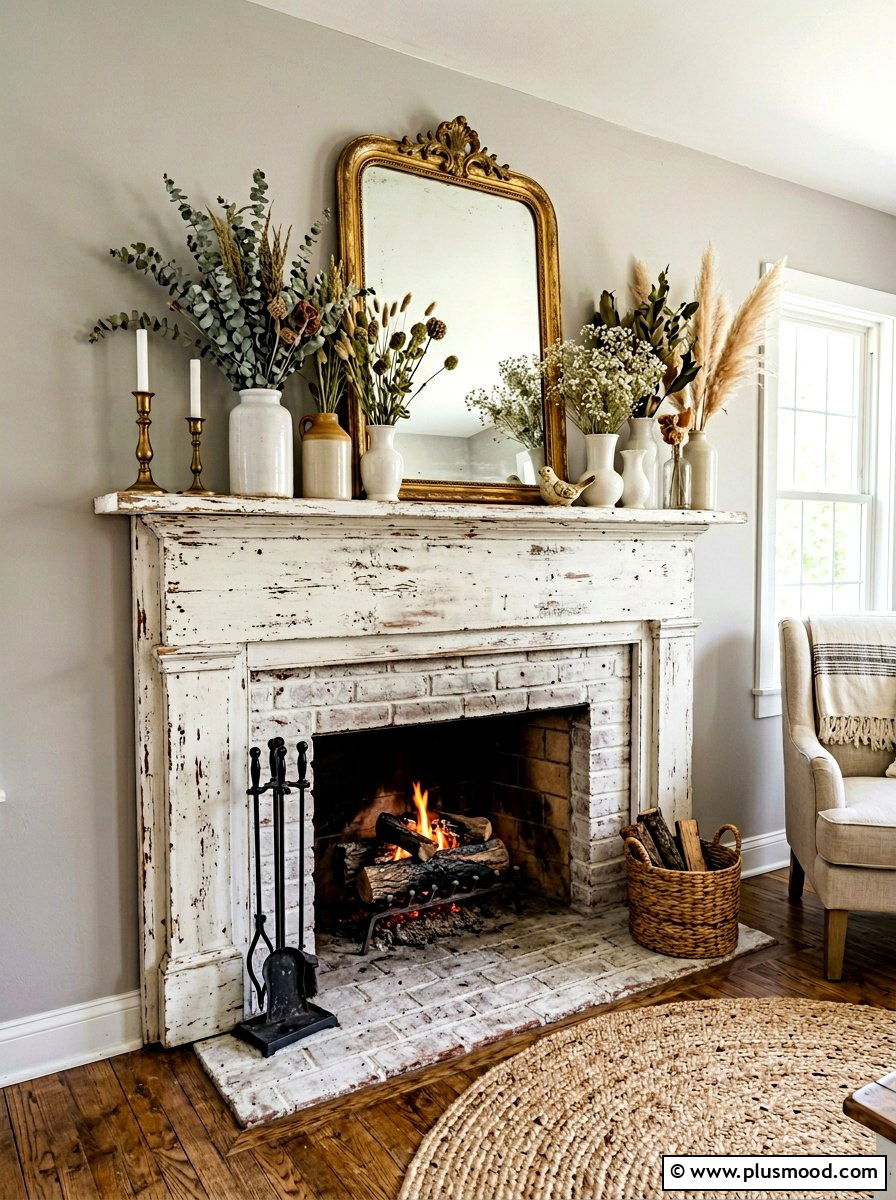 Distressed white fireplace mantle styling - 25 summer French country summer decor ideas