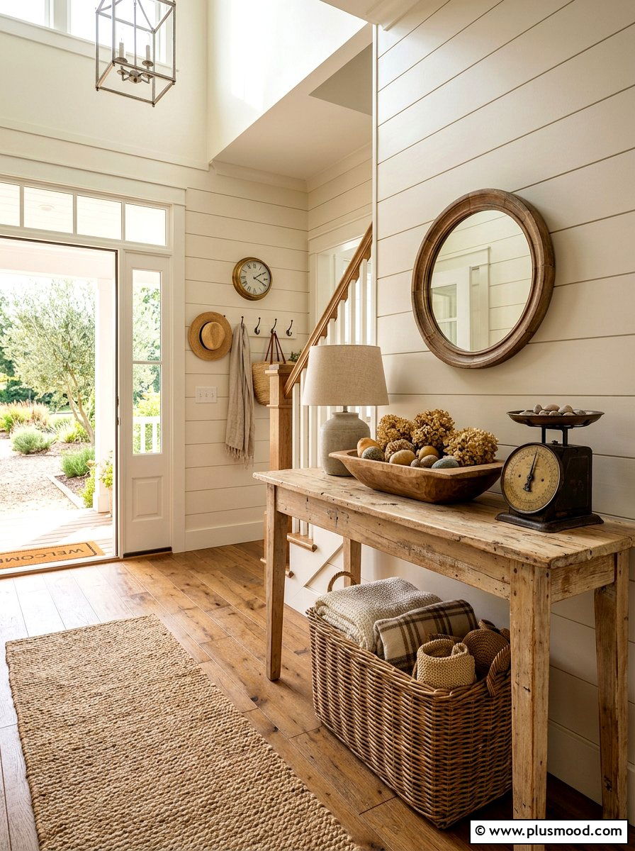 Distressed wood console table - 25 late summer farmhouse decor ideas