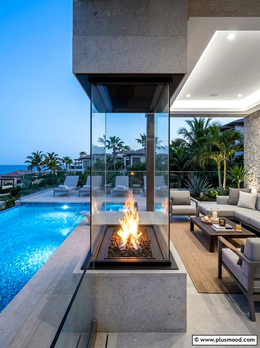 Double Sided Glass Fireplace - 25 summer poolside fire feature ideas