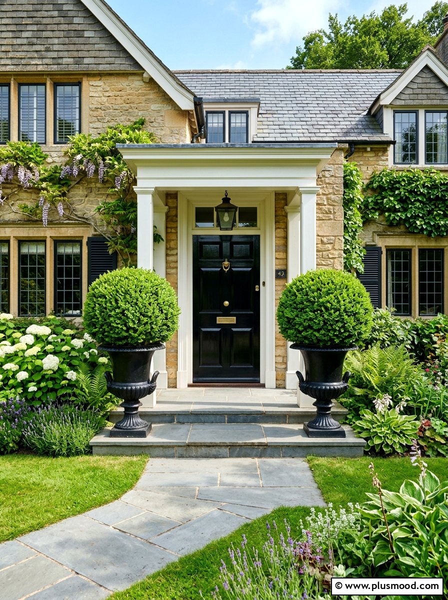 Double boxwood topiaries - 25 summer front porch decor ideas with topiaries