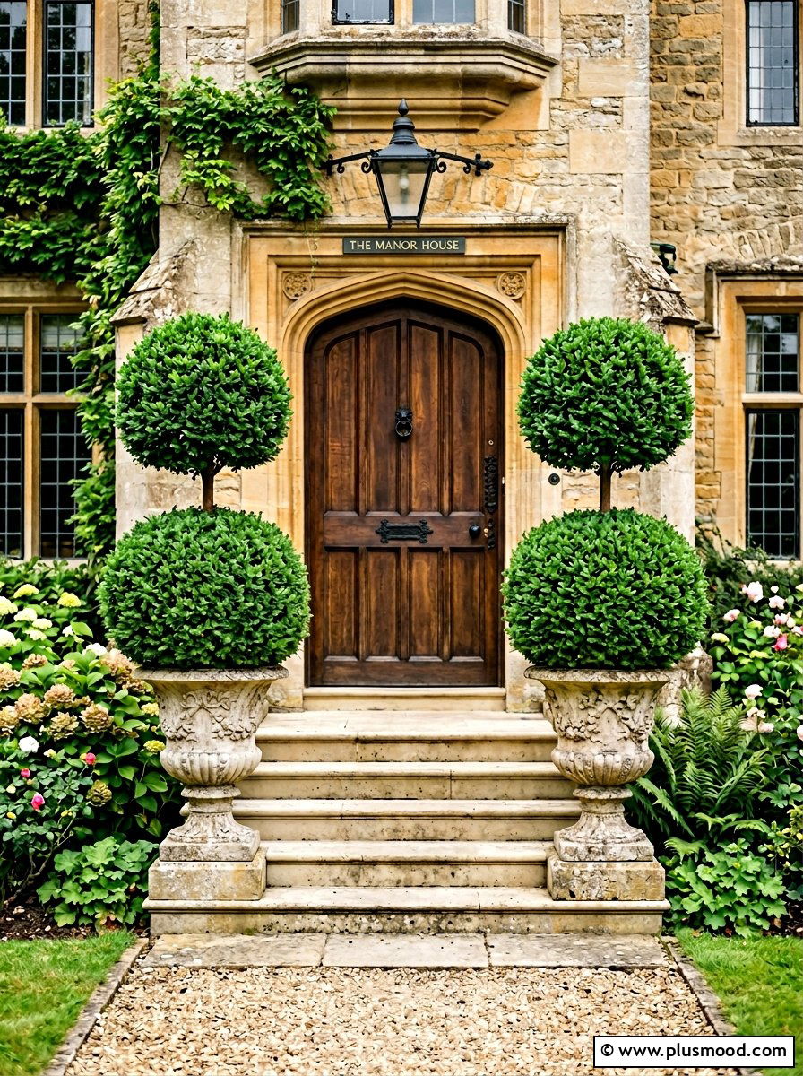 Double boxwood topiary urn - 25 summer front porch planter ideas