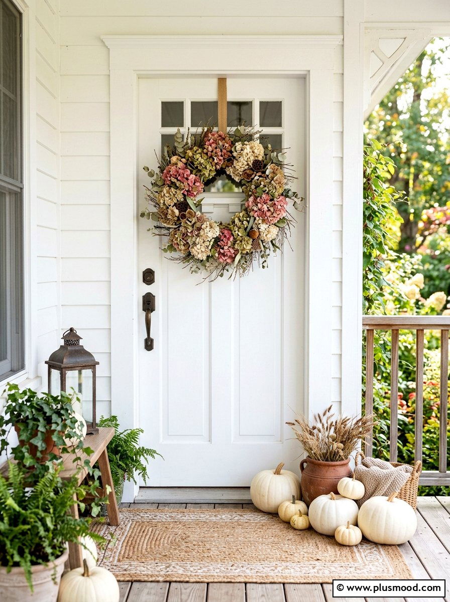 Dried Hydrangea Door Wreath - 25 summer to fall porch decor ideas