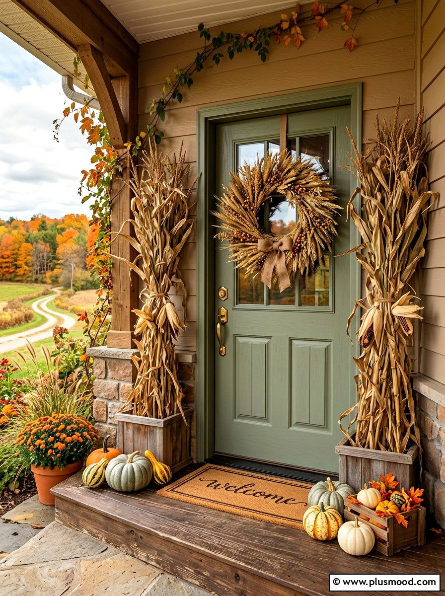 Dried Wheat Door Wreath - 25 summer to fall porch decor ideas