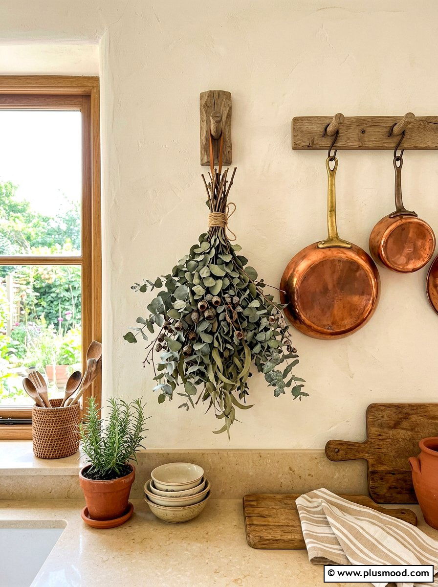 Dried eucalyptus bunch decor - 25 summer greenery kitchen decor ideas