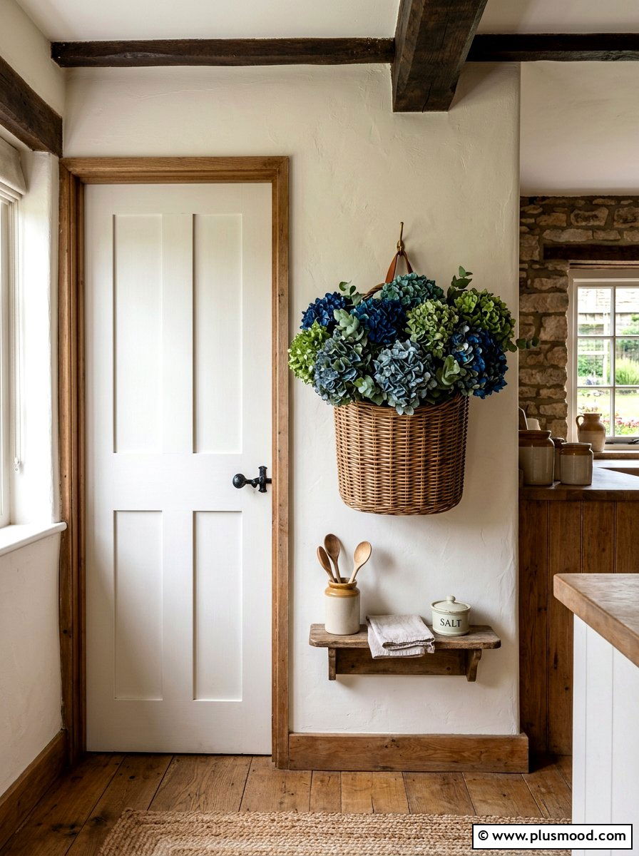 Dried hydrangea kitchen wall basket - 25 summer kitchen decor ideas with hydrangeas