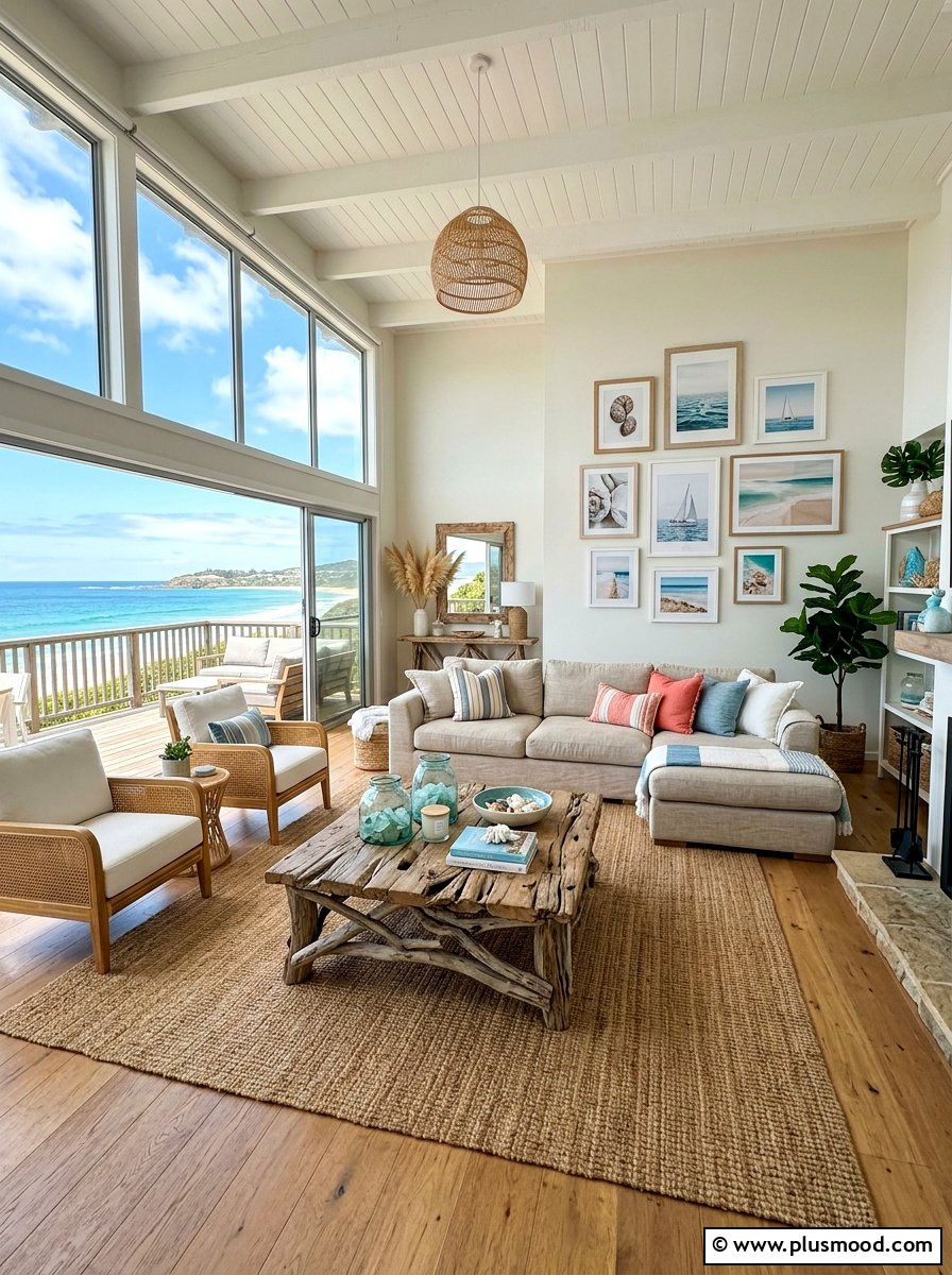 Driftwood Accent Living Room - 25 summer coastal farmhouse living room ideas