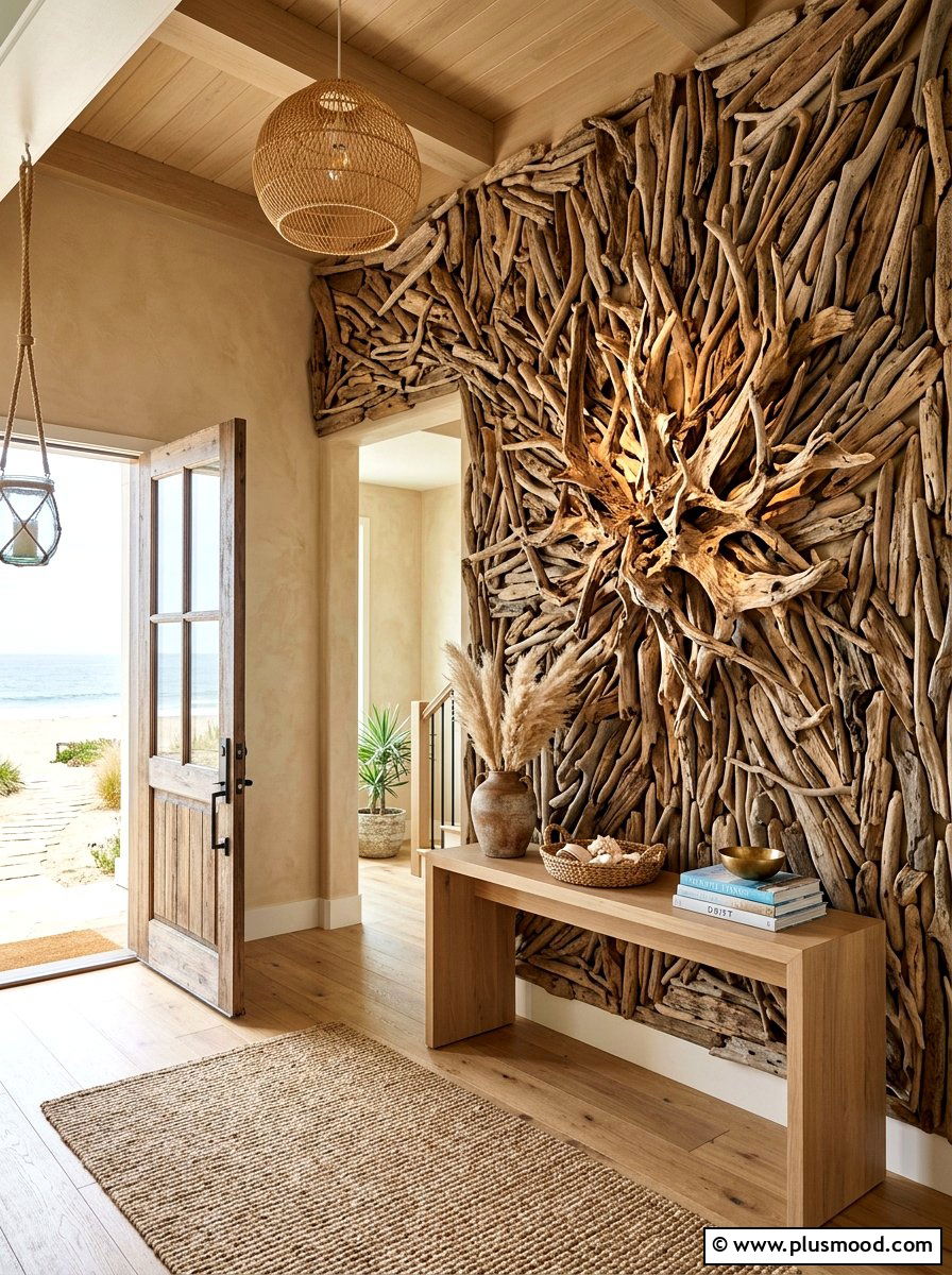 Driftwood Accent Wall Entrance - 25 summer seasonal entry decor ideas