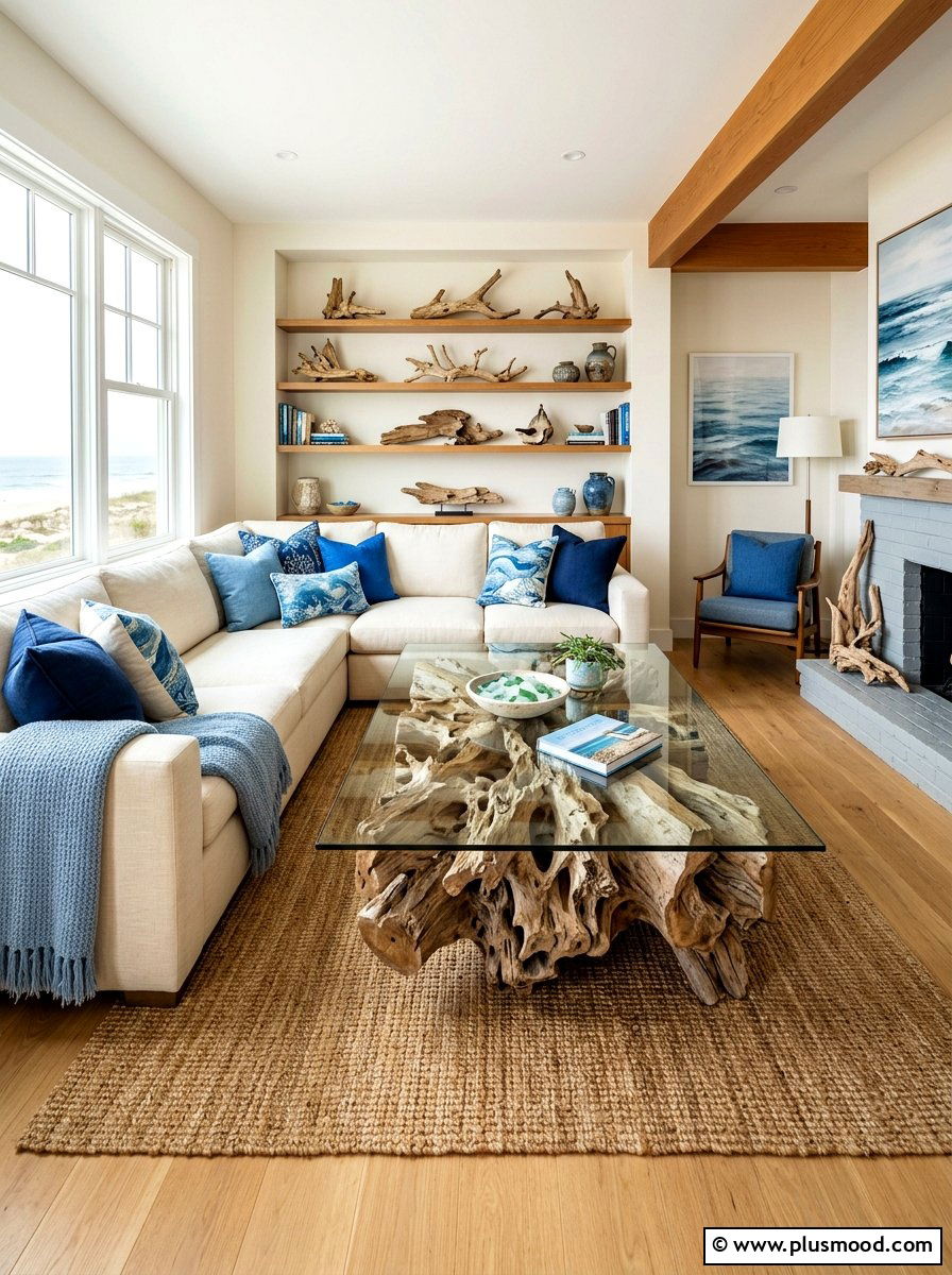 Driftwood Accents - 25 summer tropical living room ideas
