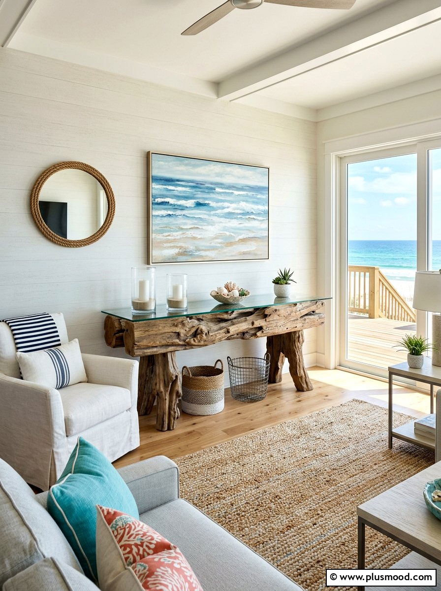 Driftwood Console Table - 25 summer console table ideas for living room