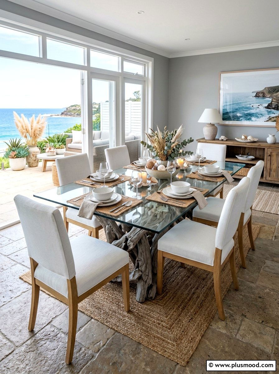 Driftwood Dining Table Setup - 25 summer coastal dining room ideas