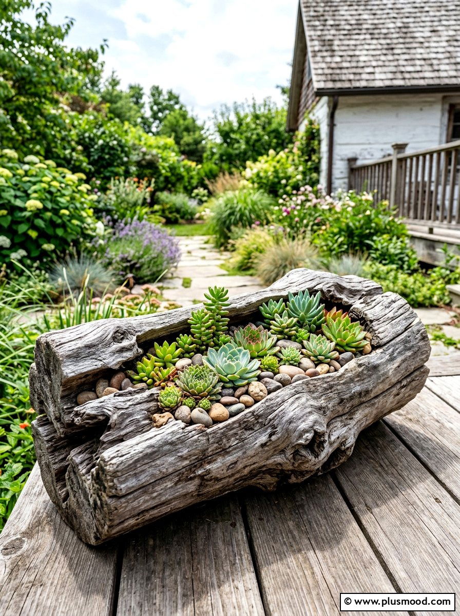 Driftwood Log Planter - 25 summer farmhouse planter ideas