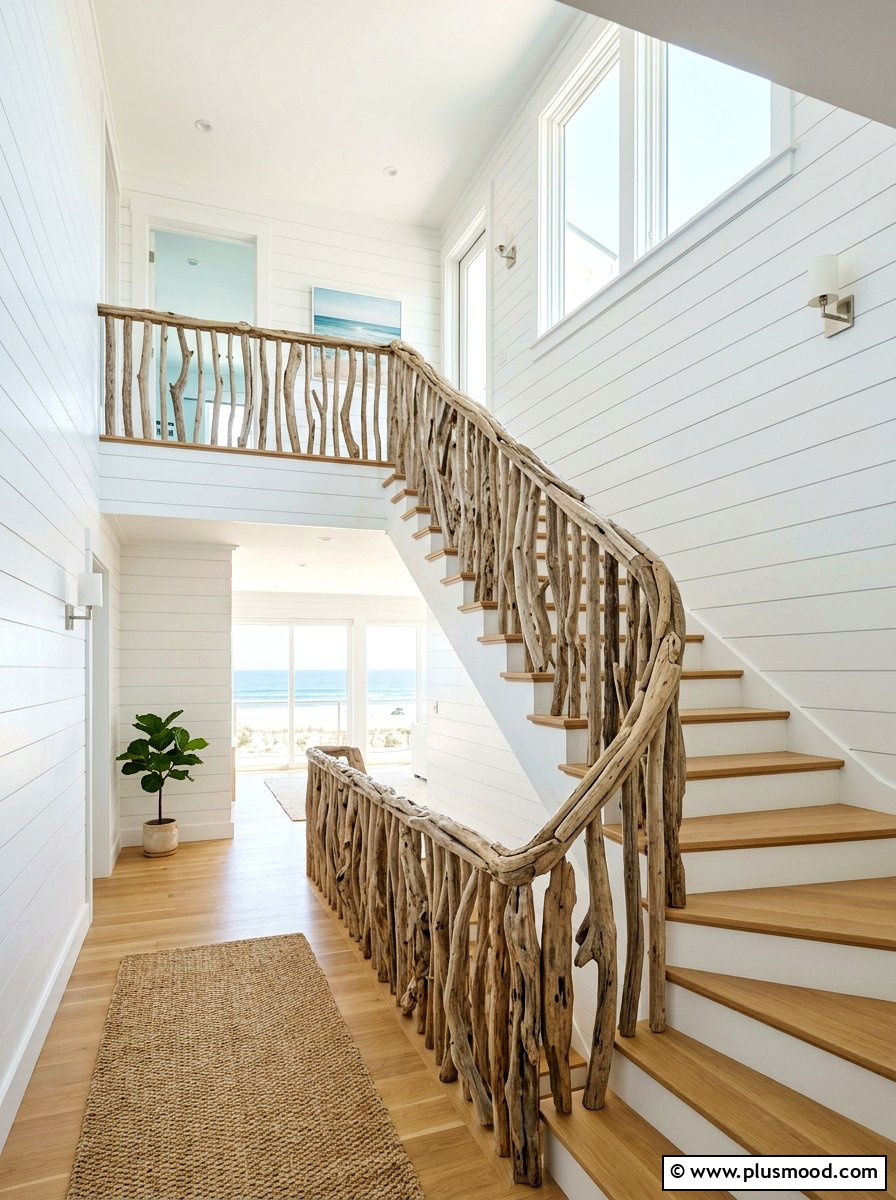 Driftwood Stair Railing - 25 summer driftwood decor ideas