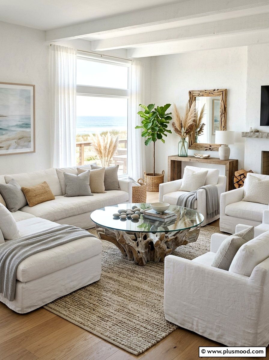 Driftwood White Living Room - 25 summer decor ideas for white living room