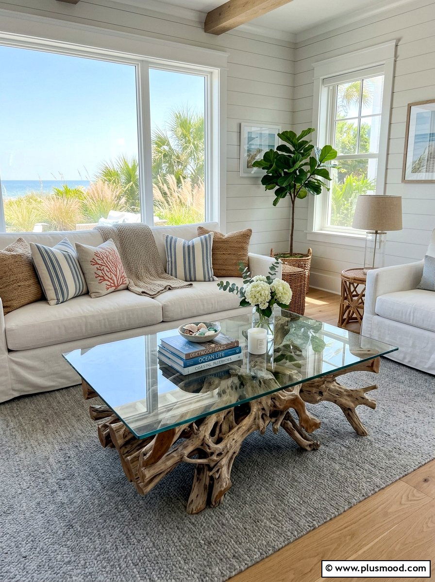 Driftwood coffee table - 25 summer cottage decor ideas