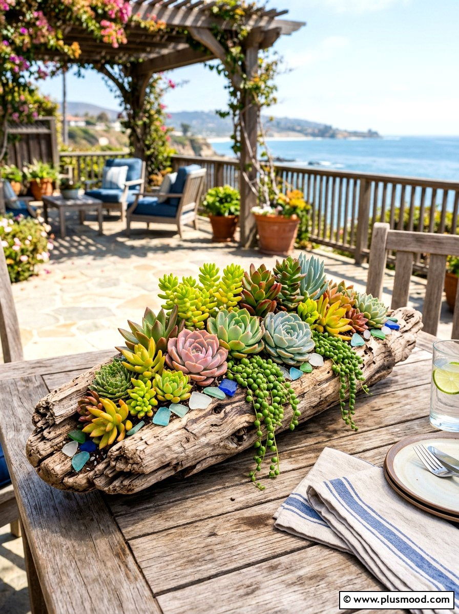 Driftwood log succulent planter - 25 summer coastal planter ideas