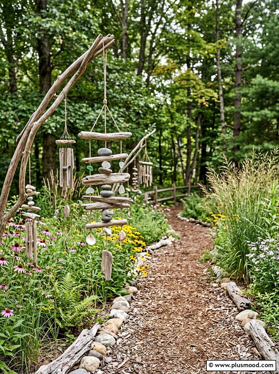 Driftwood nature garden path - 25 outdoor garden decor ideas with wind chimes