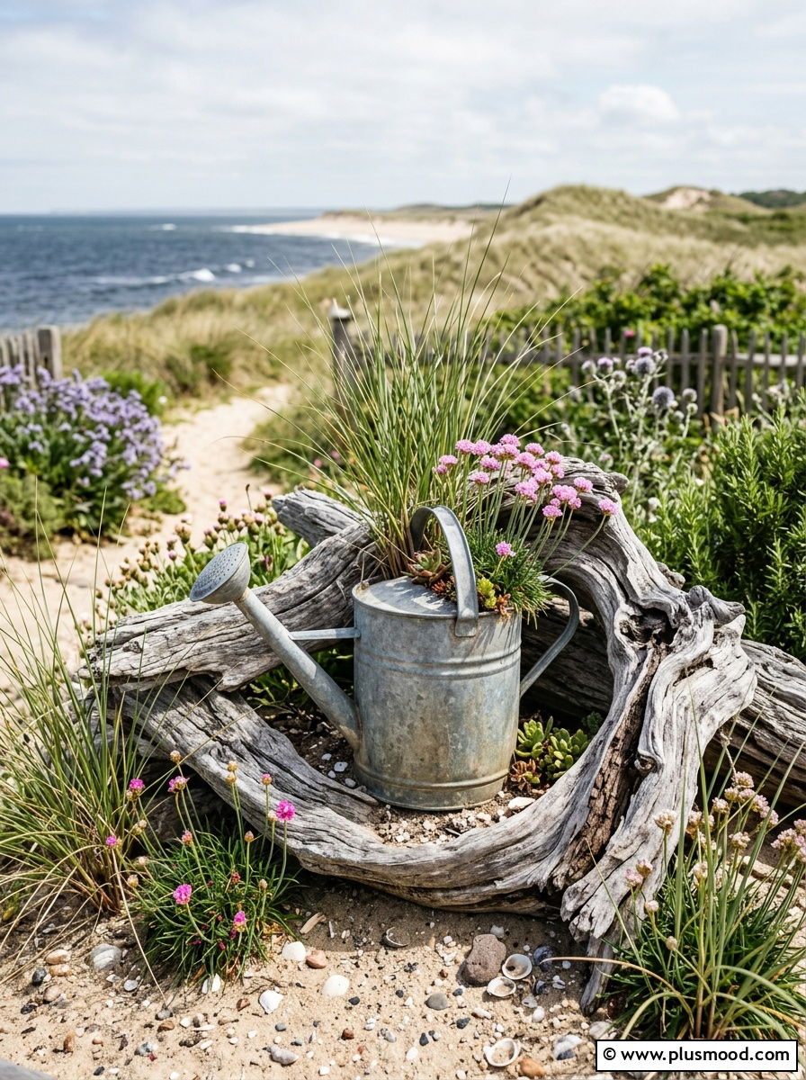 Driftwood watering can arrangement - 25 outdoor garden decor ideas with watering cans