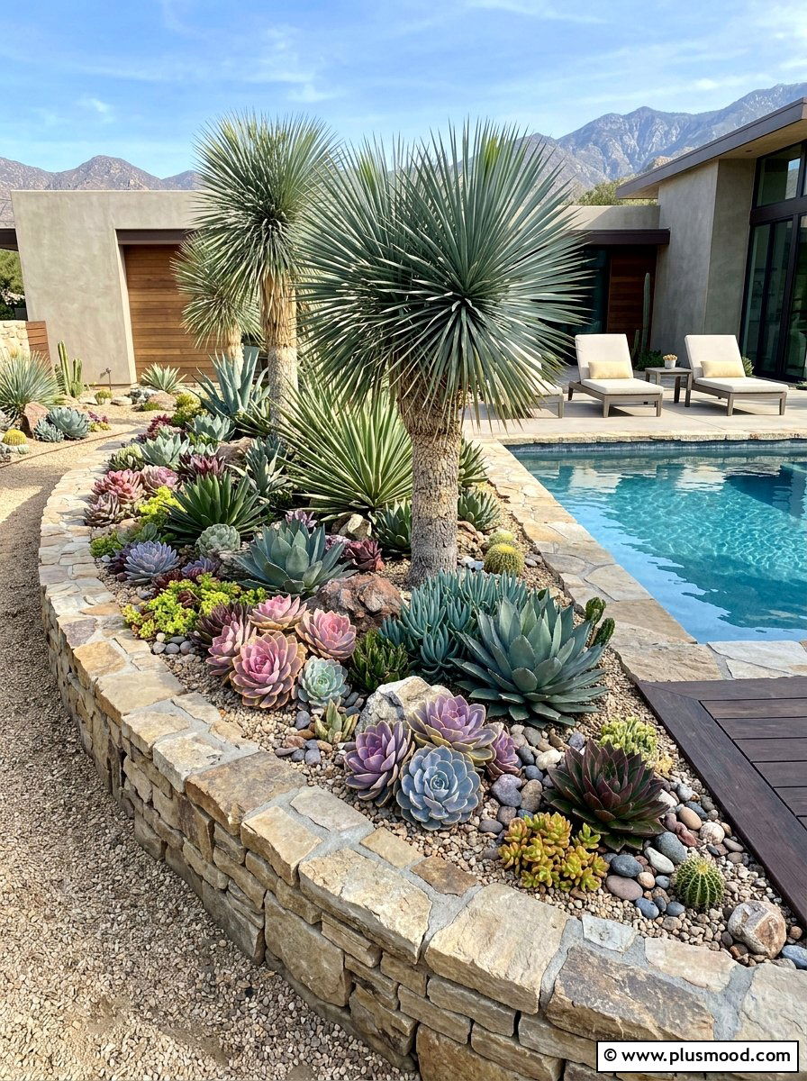Drought Tolerant Succulent Bed - 25 pool landscaping ideas with raised garden beds
