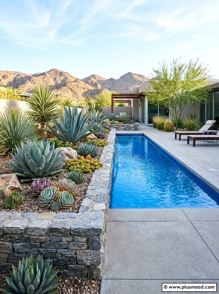 Drought tolerant succulent pool garden - 25 pool landscaping ideas with native plants