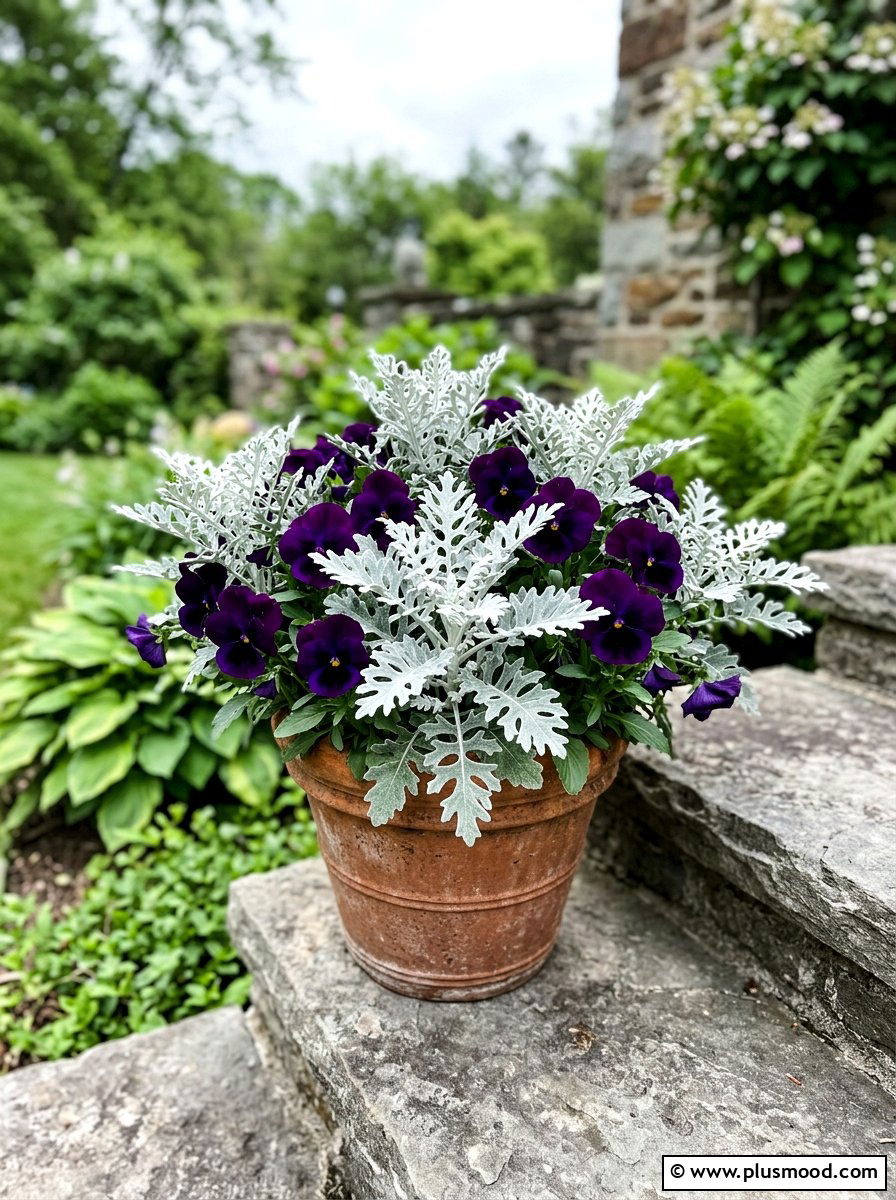 Dusty miller arrangement - 25 summer to fall front porch planter ideas