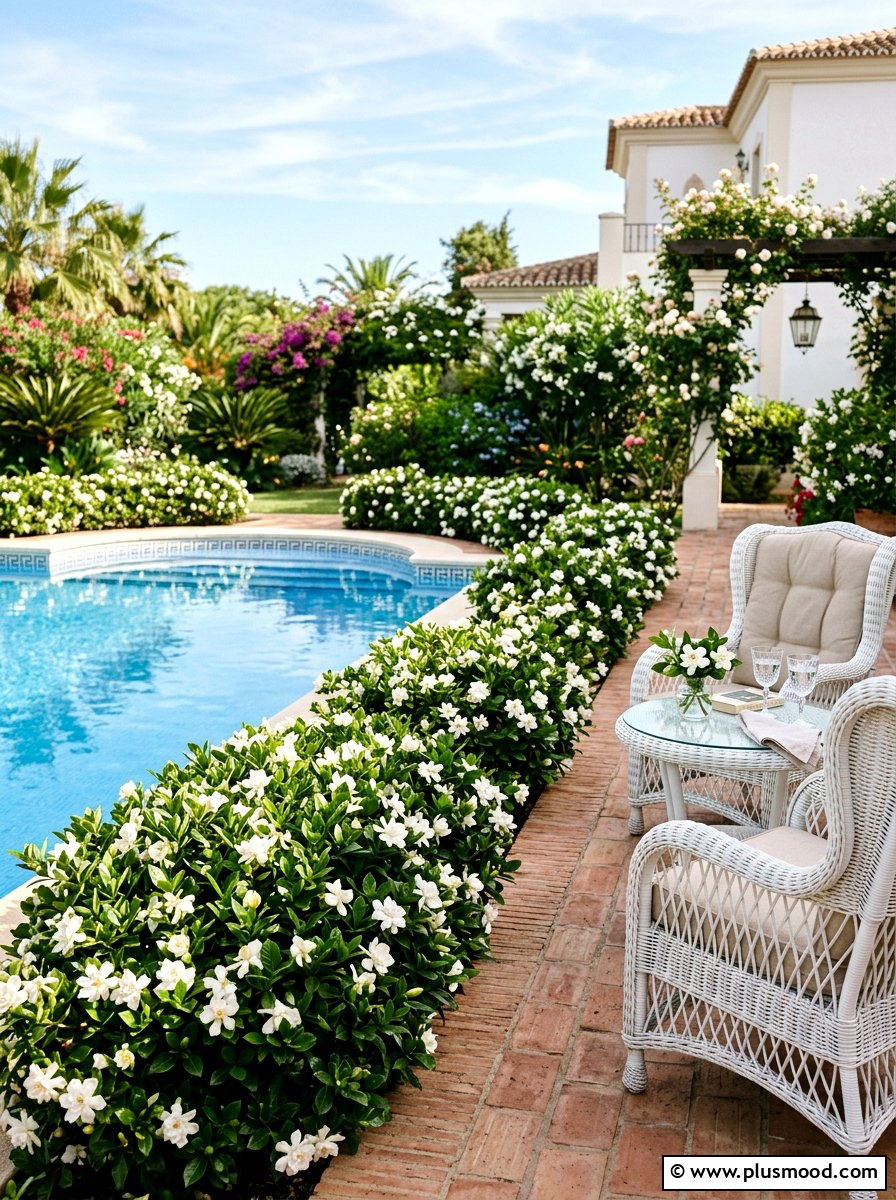 Dwarf gardenia pool area - 25 pool landscaping ideas with shrubs