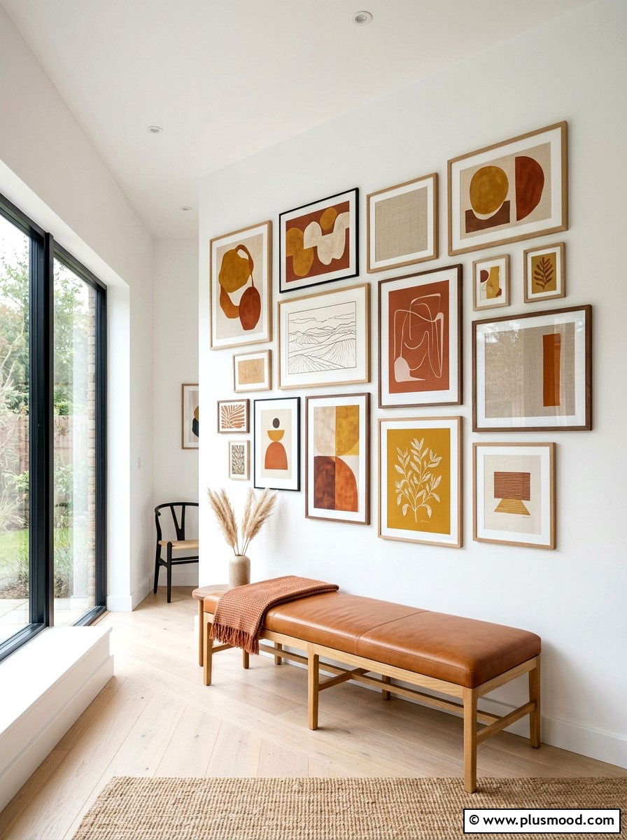 Earth tone gallery wall art - 25 summer to fall living room decor ideas