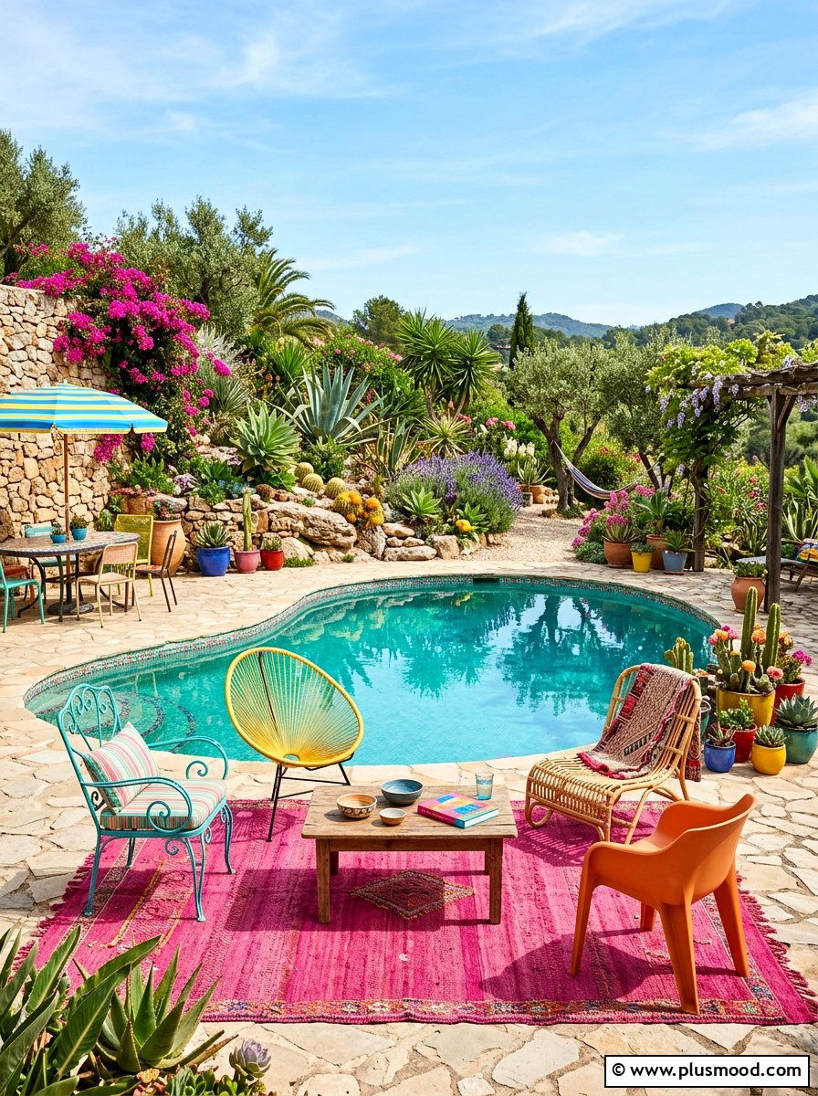 Eclectic Colorful Pool Patio - 25 pool landscaping ideas with outdoor rug