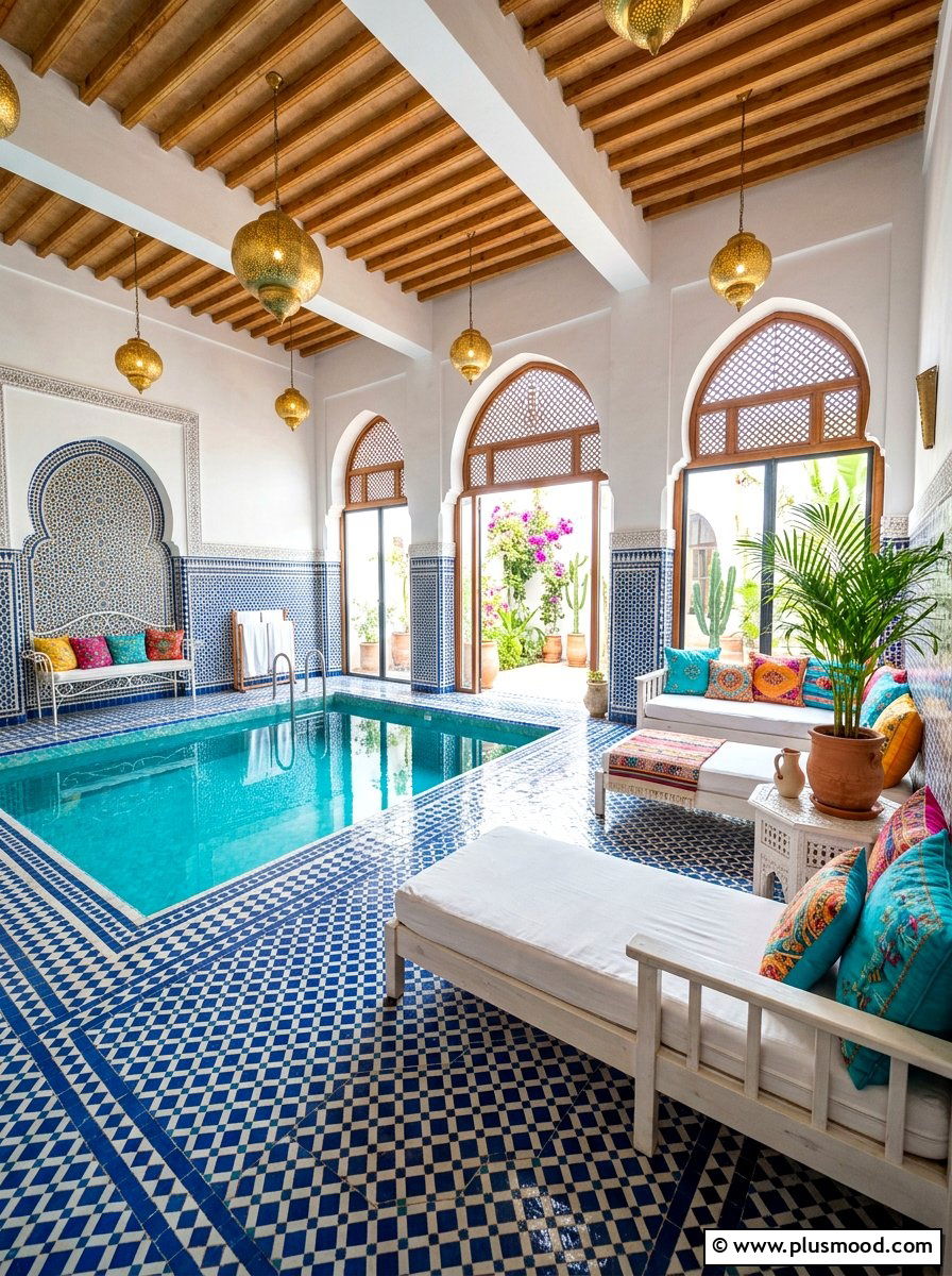 Eclectic Patterned Tile Pool Room - 25 summer pool house decor ideas