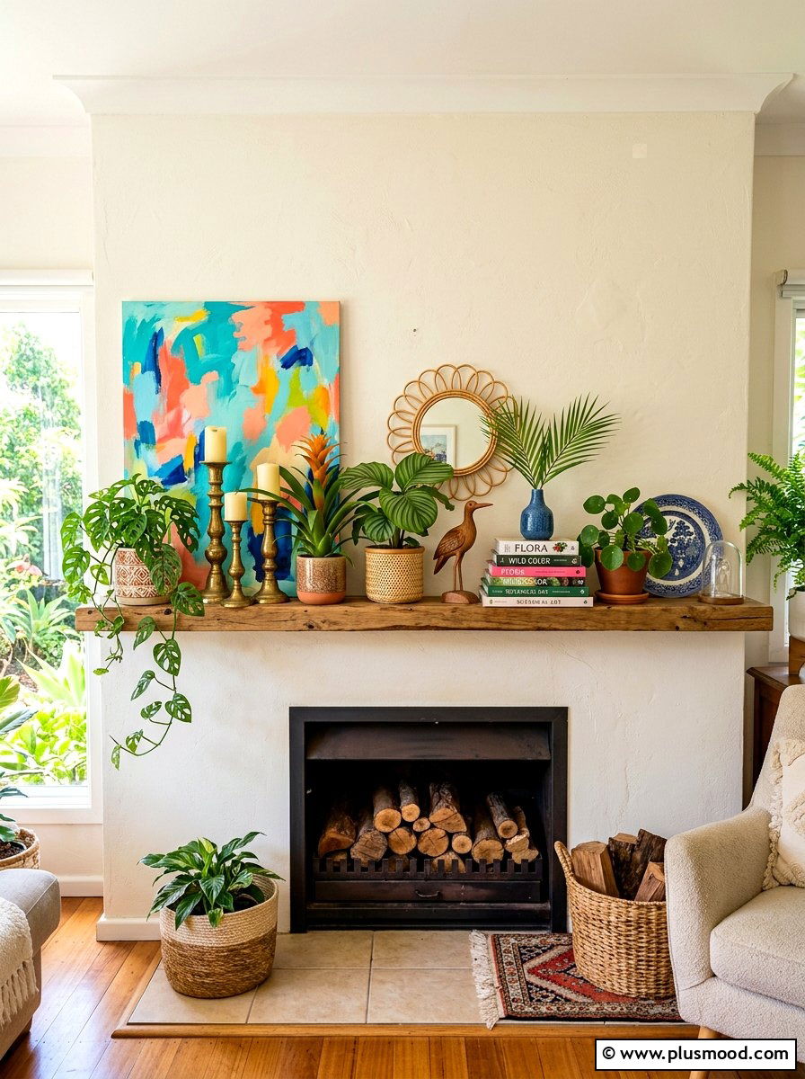 Eclectic Summer Mantel - 25 summer mantel ideas for living room