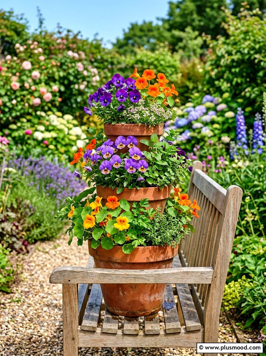 Edible flower stacked pots - 25 summer stacked planter ideas