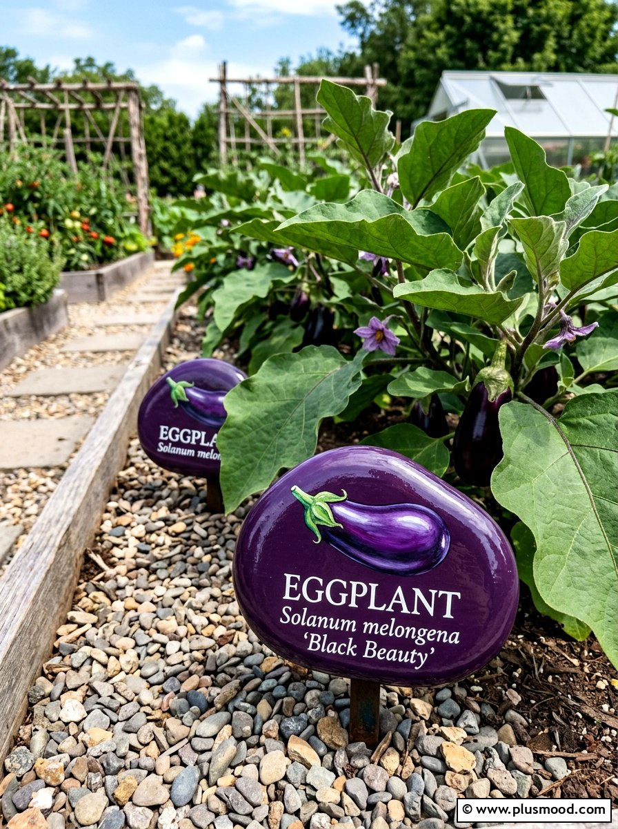 Eggplant garden markers - 25 painted rock ideas with vegetable garden labels