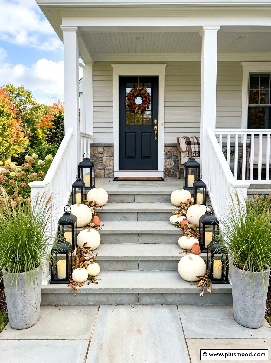 Elegant transitional porch steps - 25 summer to fall transition decor ideas